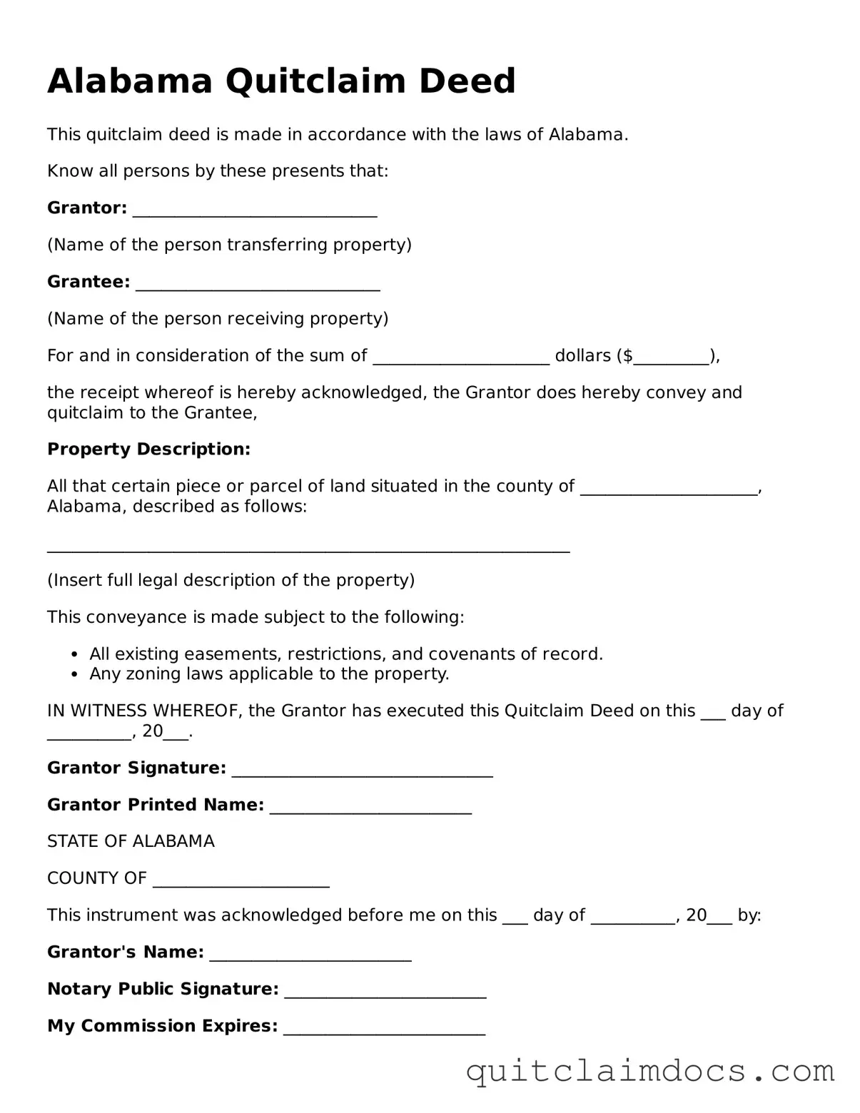 Free  Quitclaim Deed Template for Alabama