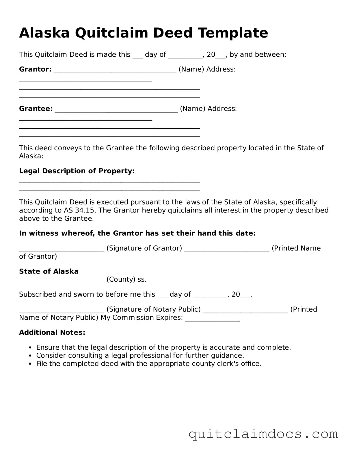Free  Quitclaim Deed Template for Alaska