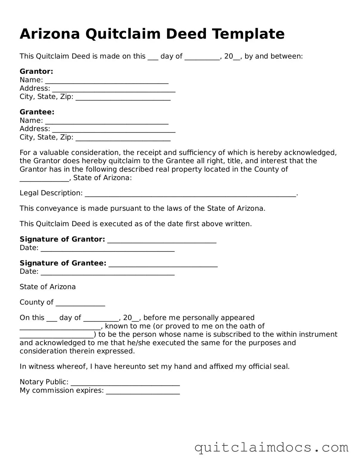 Free  Quitclaim Deed Template for Arizona