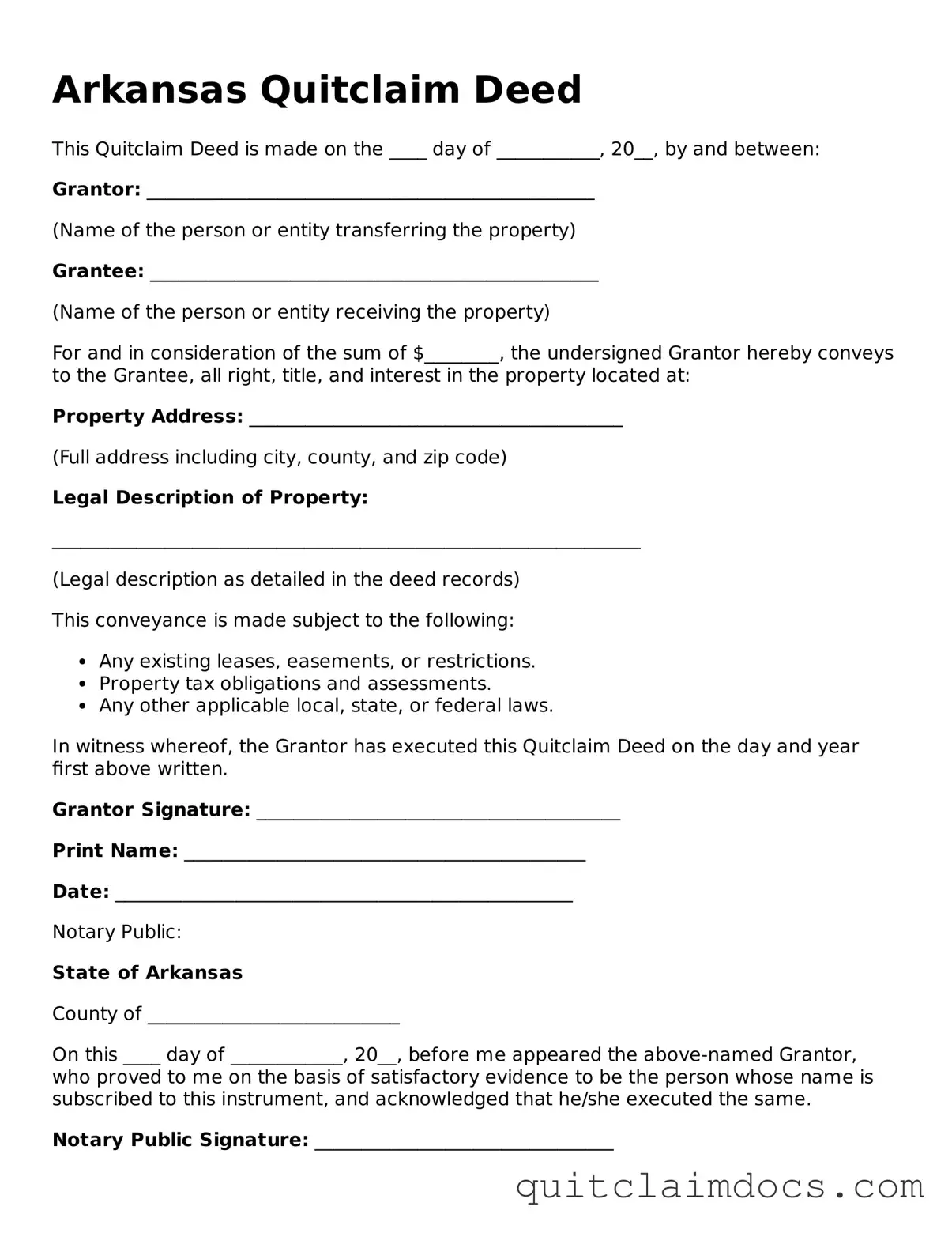 Free  Quitclaim Deed Template for Arkansas