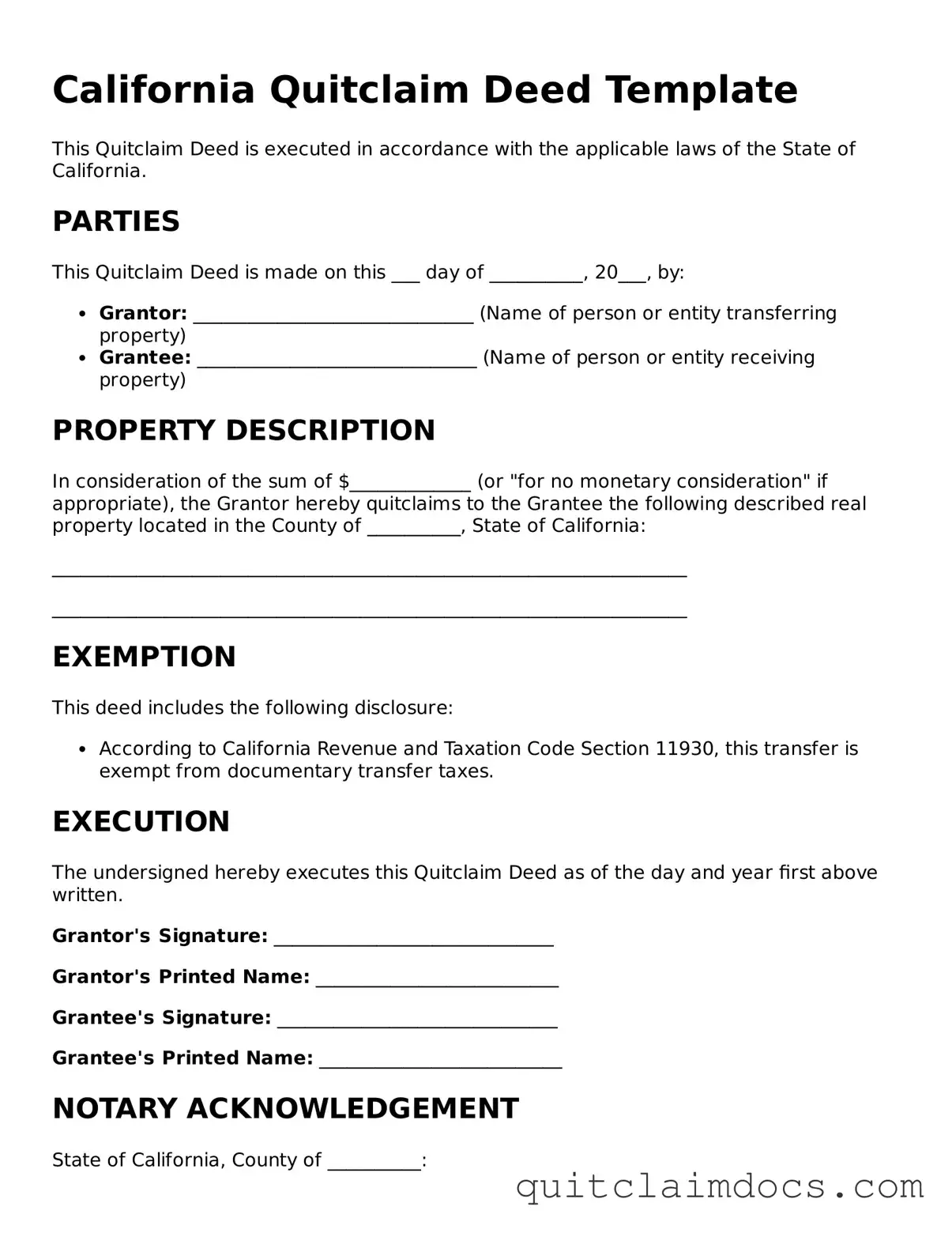 Free  Quitclaim Deed Template for California