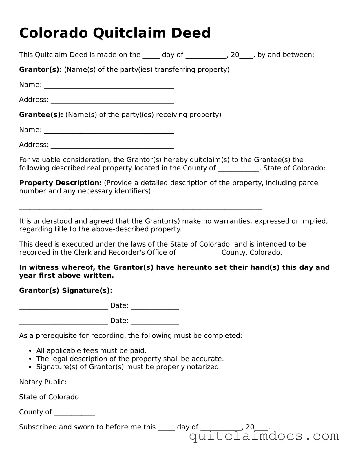 Free  Quitclaim Deed Template for Colorado