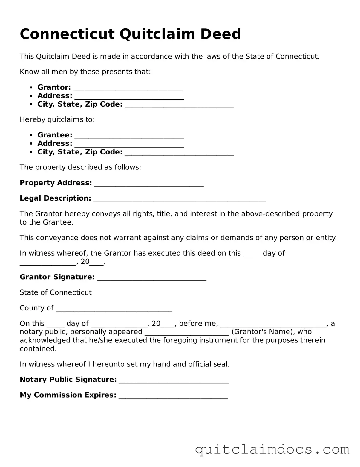 Free  Quitclaim Deed Template for Connecticut