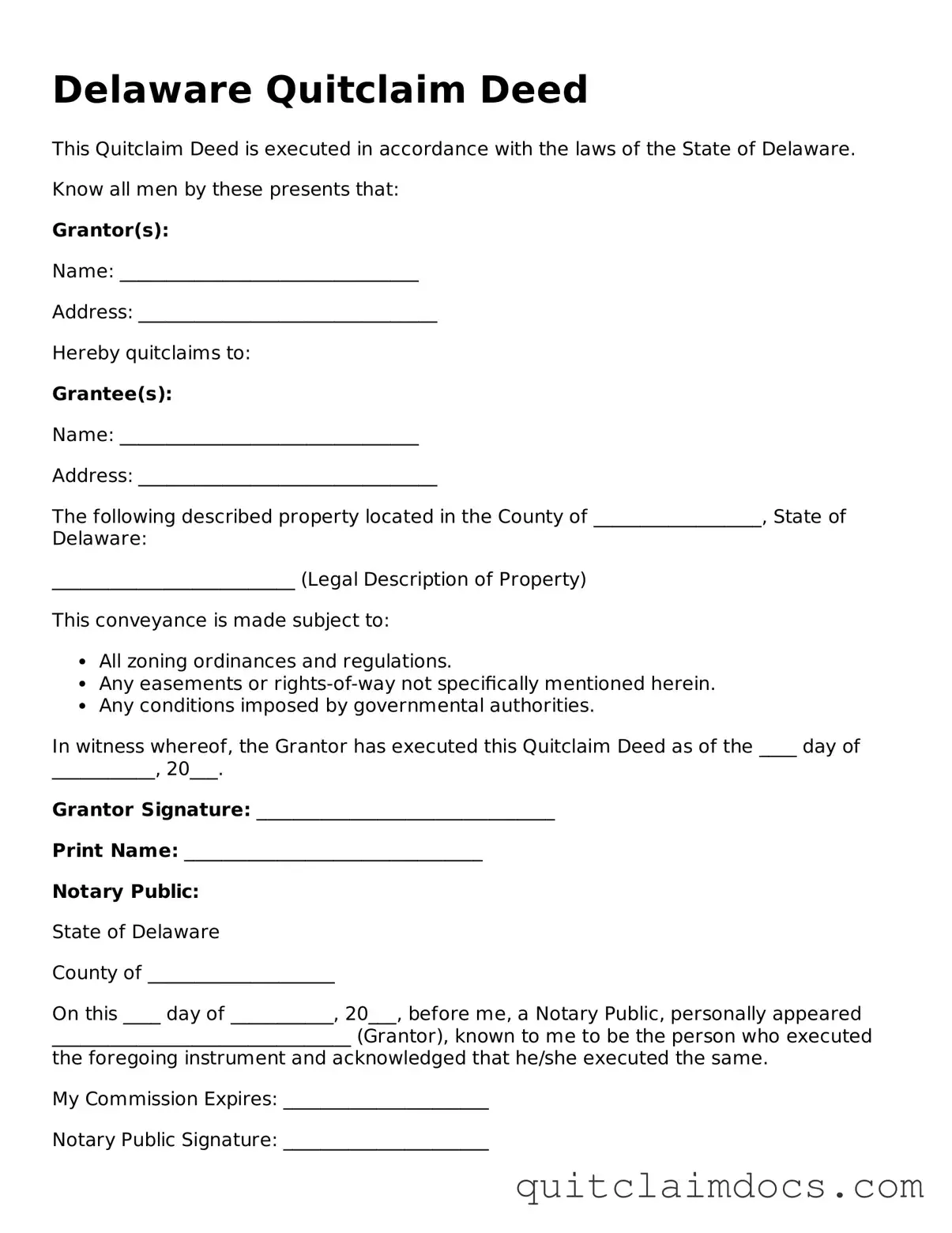 Free  Quitclaim Deed Template for Delaware