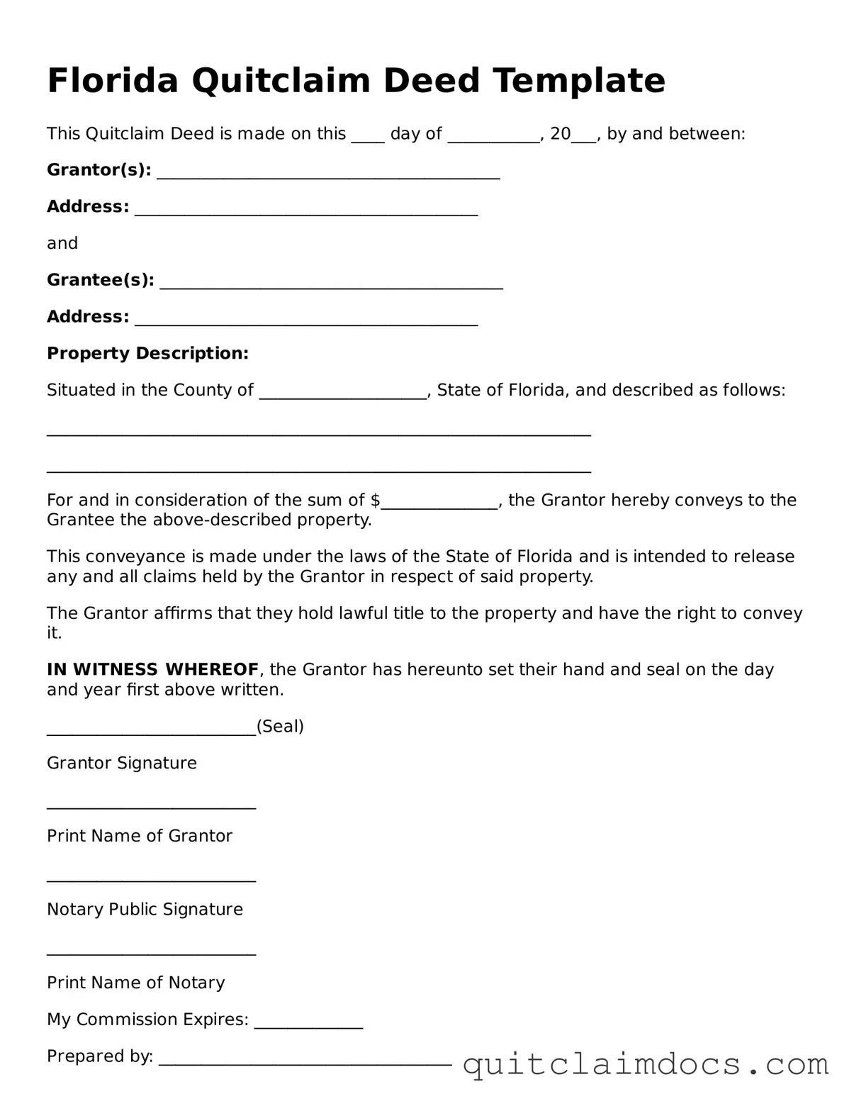Free  Quitclaim Deed Template for Florida