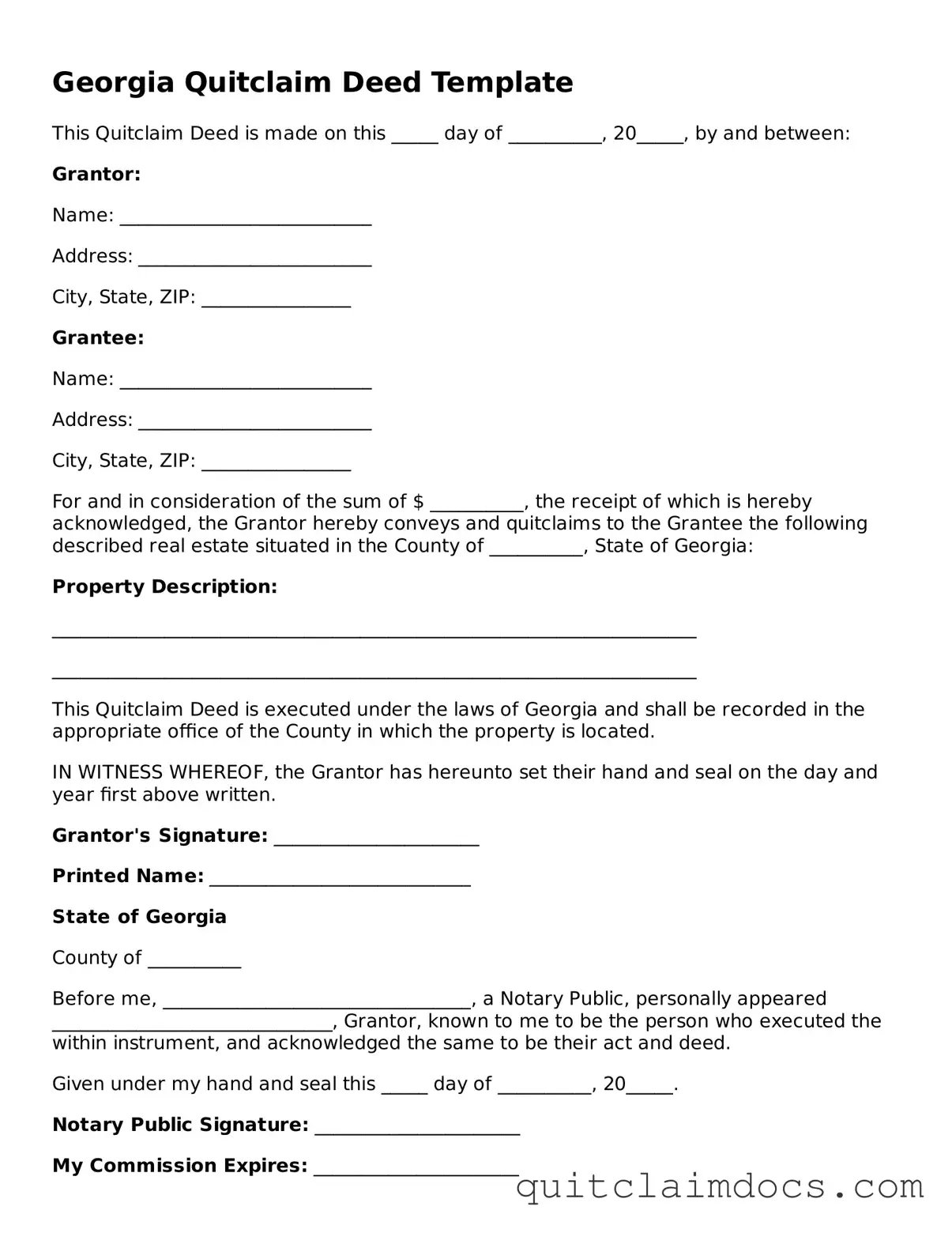 Free  Quitclaim Deed Template for Georgia