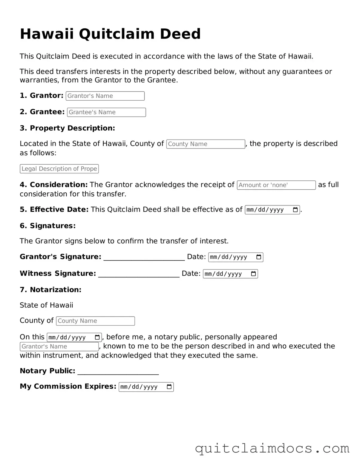 Free  Quitclaim Deed Template for Hawaii