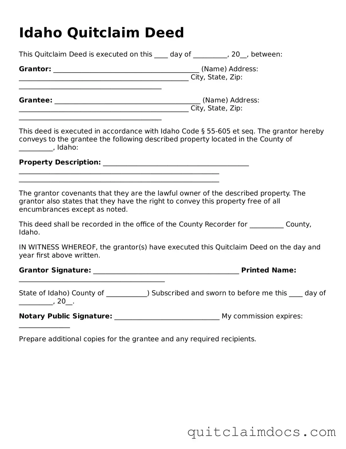 Free  Quitclaim Deed Template for Idaho