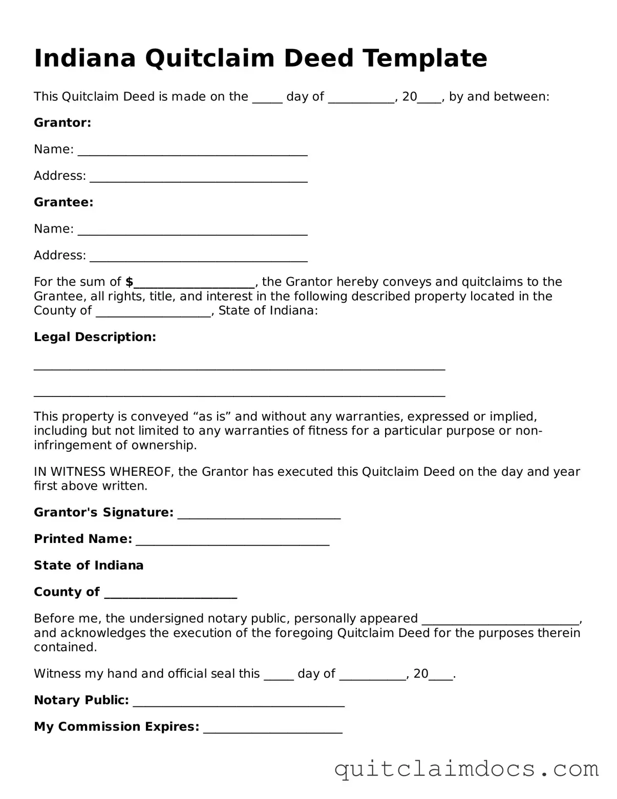 Free  Quitclaim Deed Template for Indiana