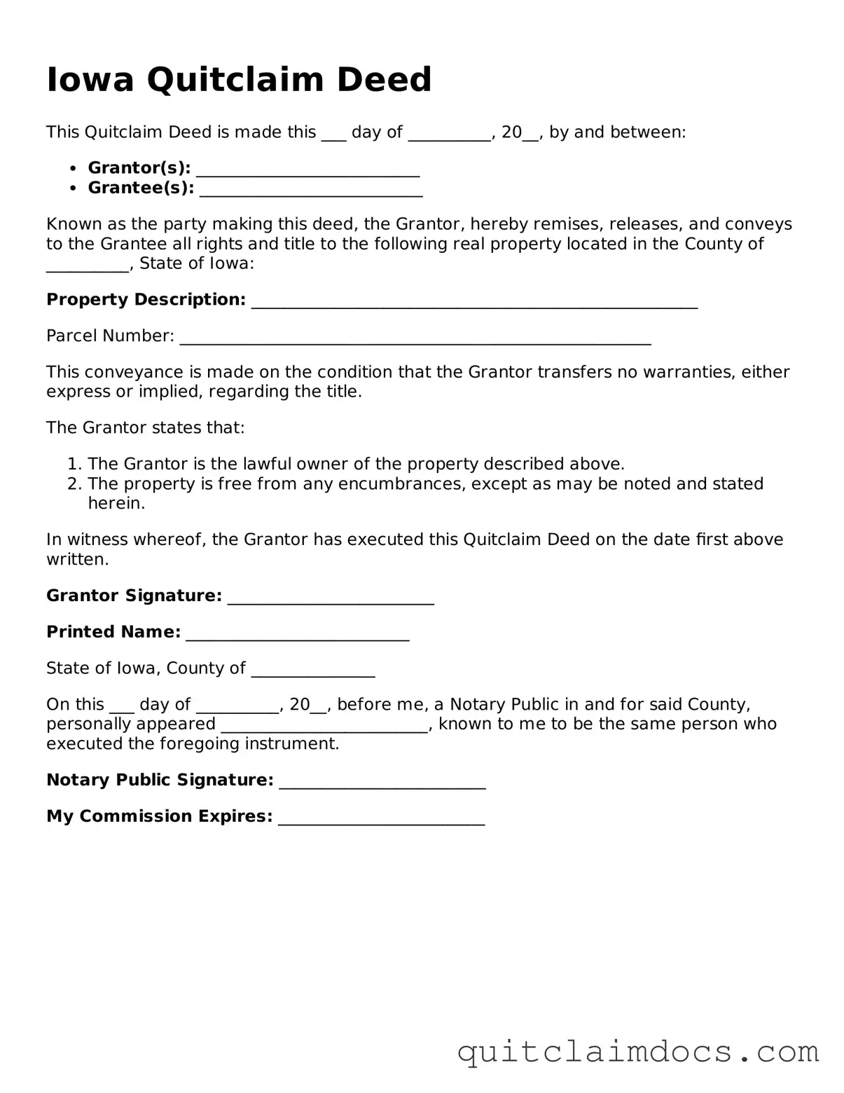 Free  Quitclaim Deed Template for Iowa