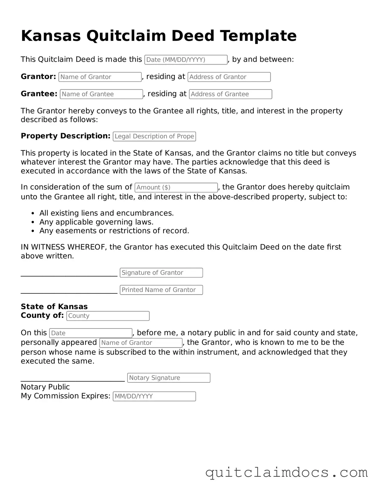 Free  Quitclaim Deed Template for Kansas
