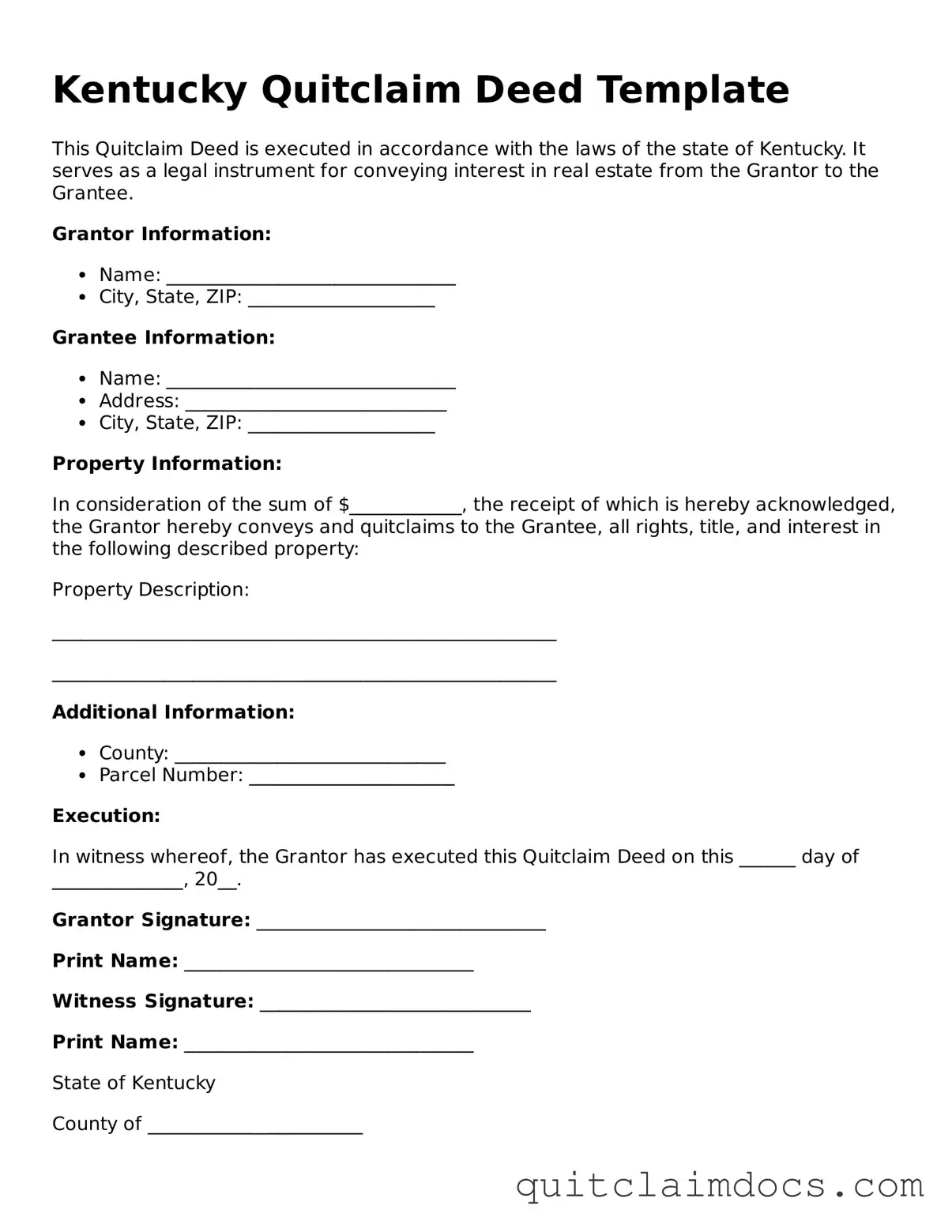 Free  Quitclaim Deed Template for Kentucky