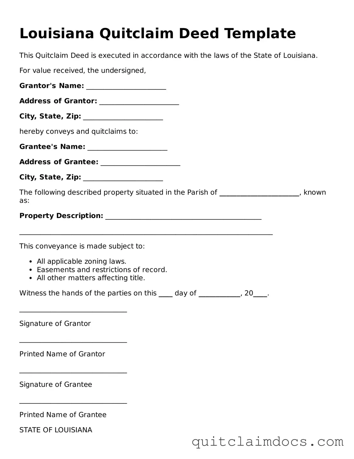 Free  Quitclaim Deed Template for Louisiana