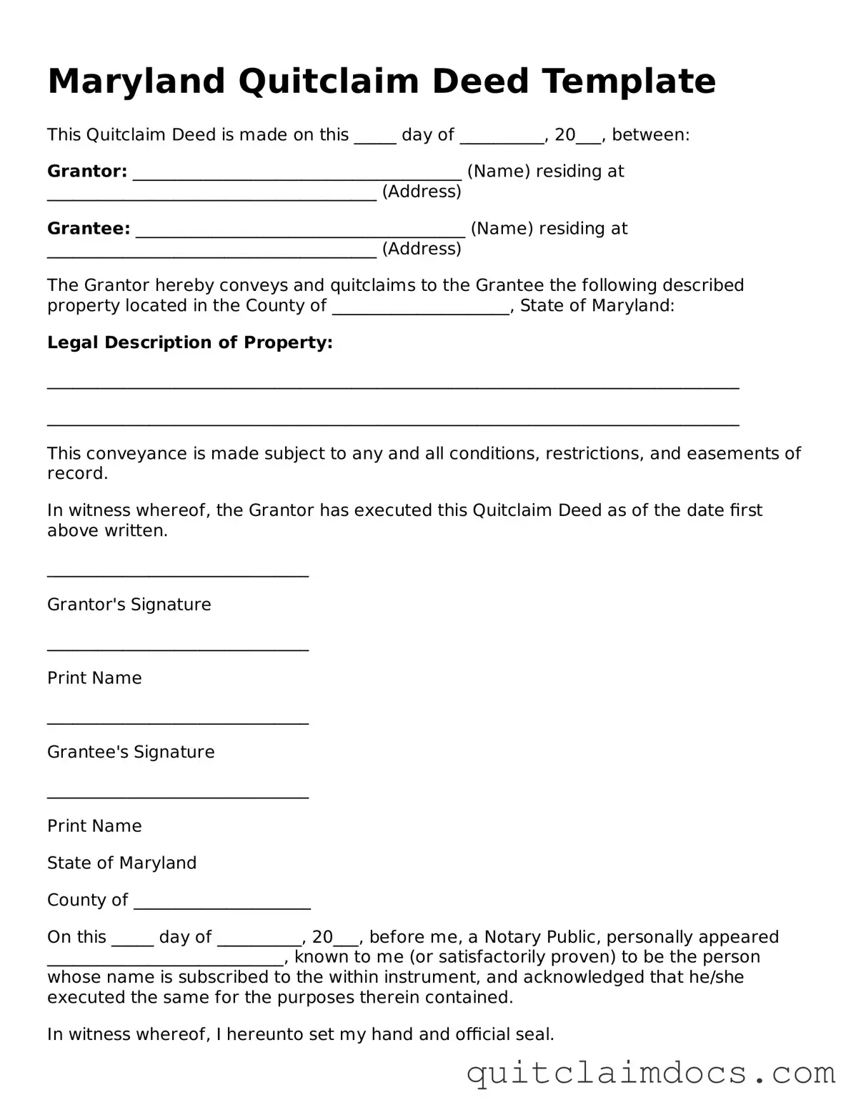 Free  Quitclaim Deed Template for Maryland