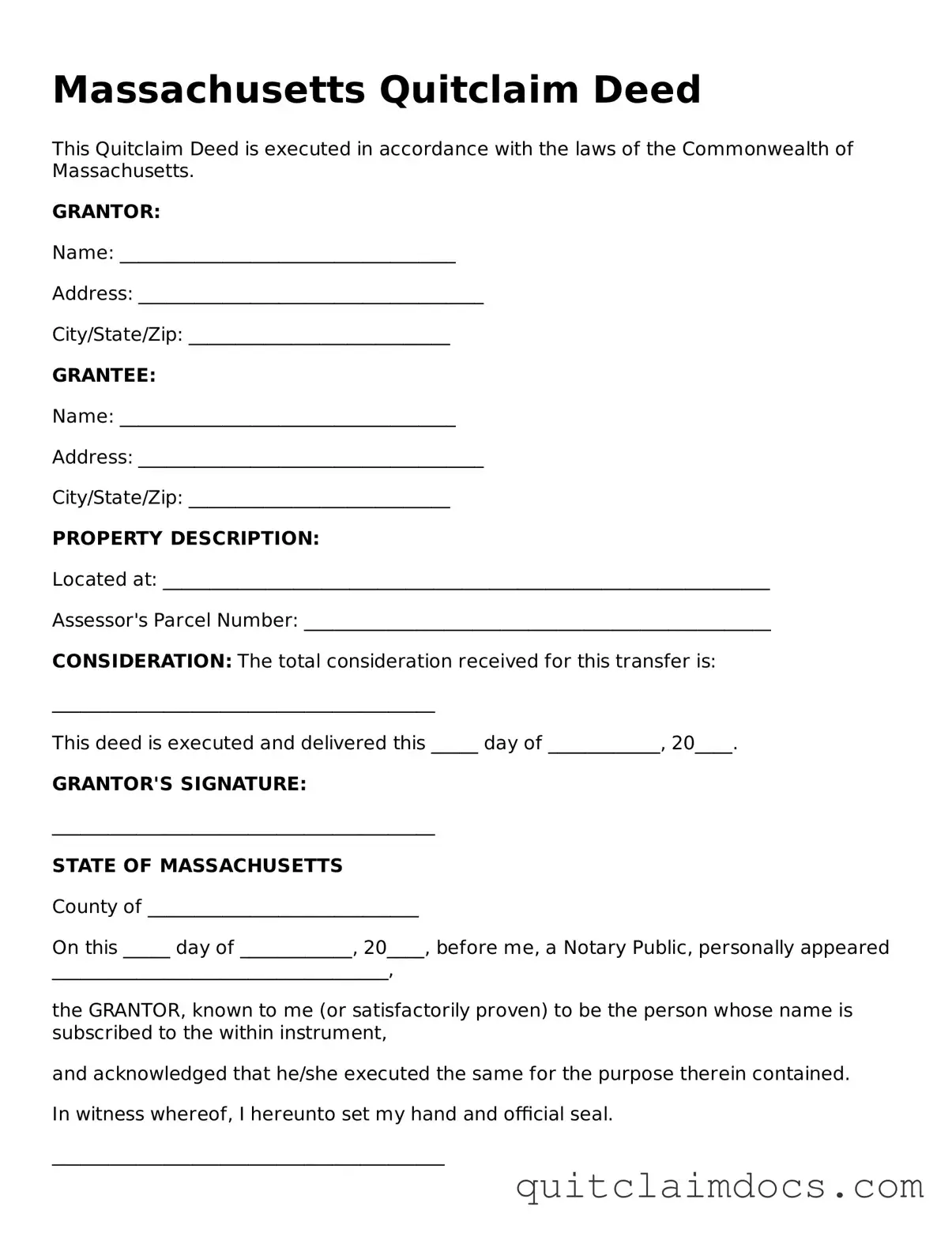 Free  Quitclaim Deed Template for Massachusetts