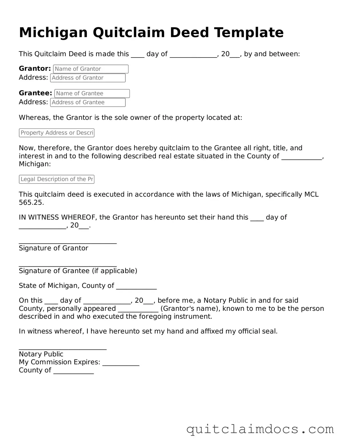 Free  Quitclaim Deed Template for Michigan