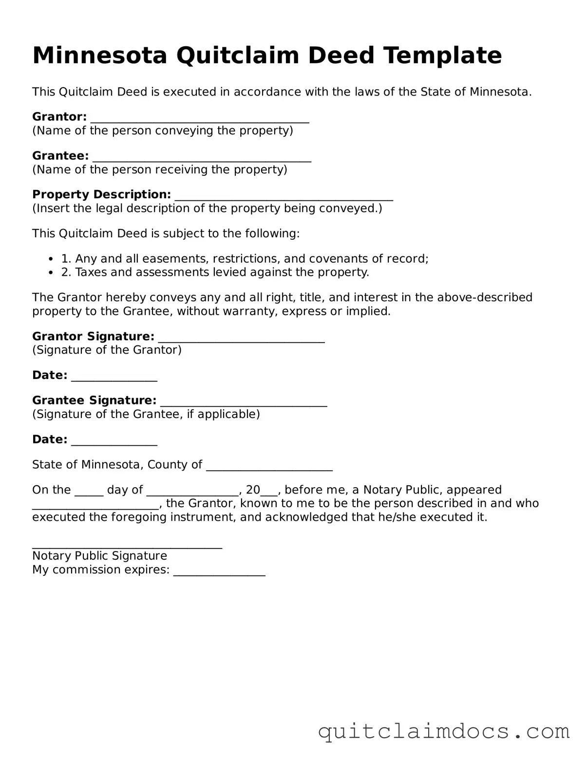 Free  Quitclaim Deed Template for Minnesota