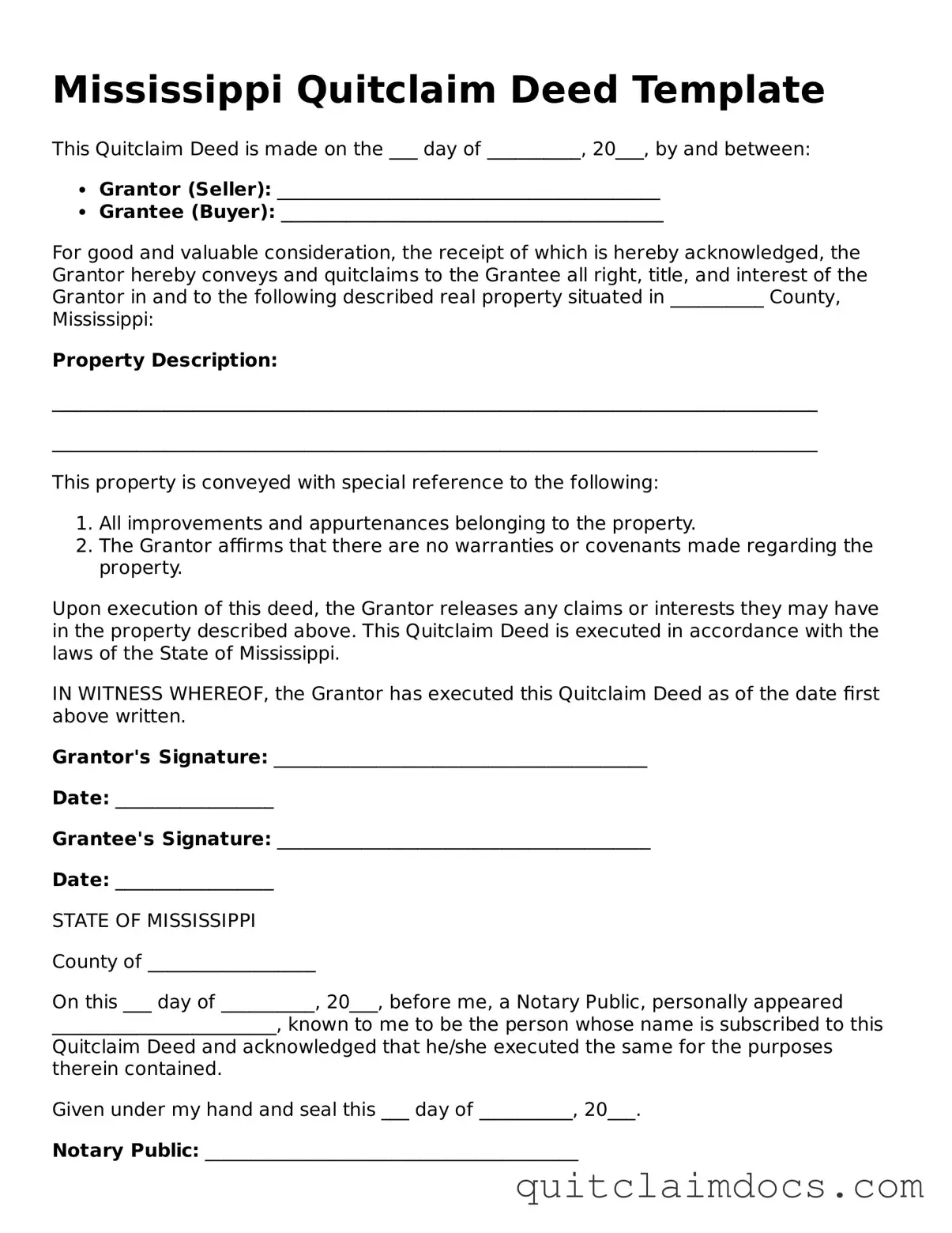 Free  Quitclaim Deed Template for Mississippi