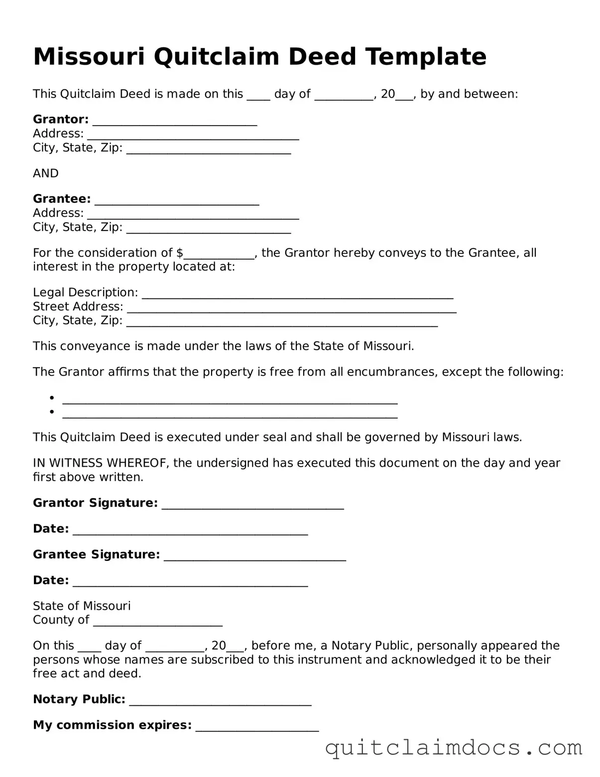 Free  Quitclaim Deed Template for Missouri