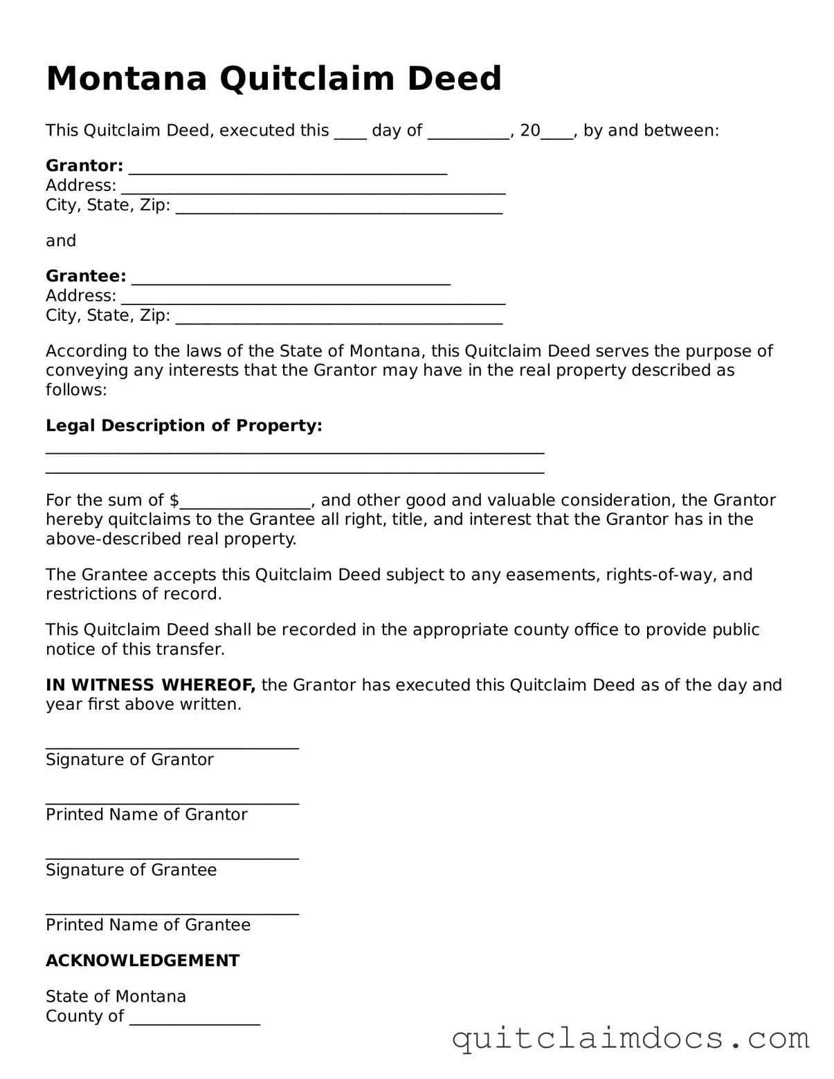 Free  Quitclaim Deed Template for Montana