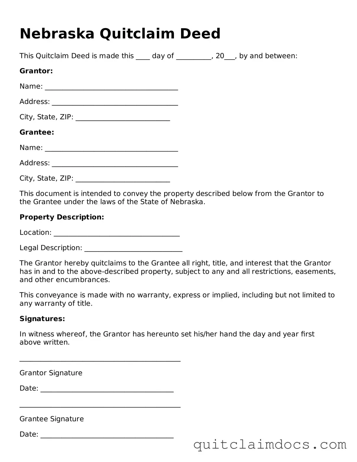 Free  Quitclaim Deed Template for Nebraska