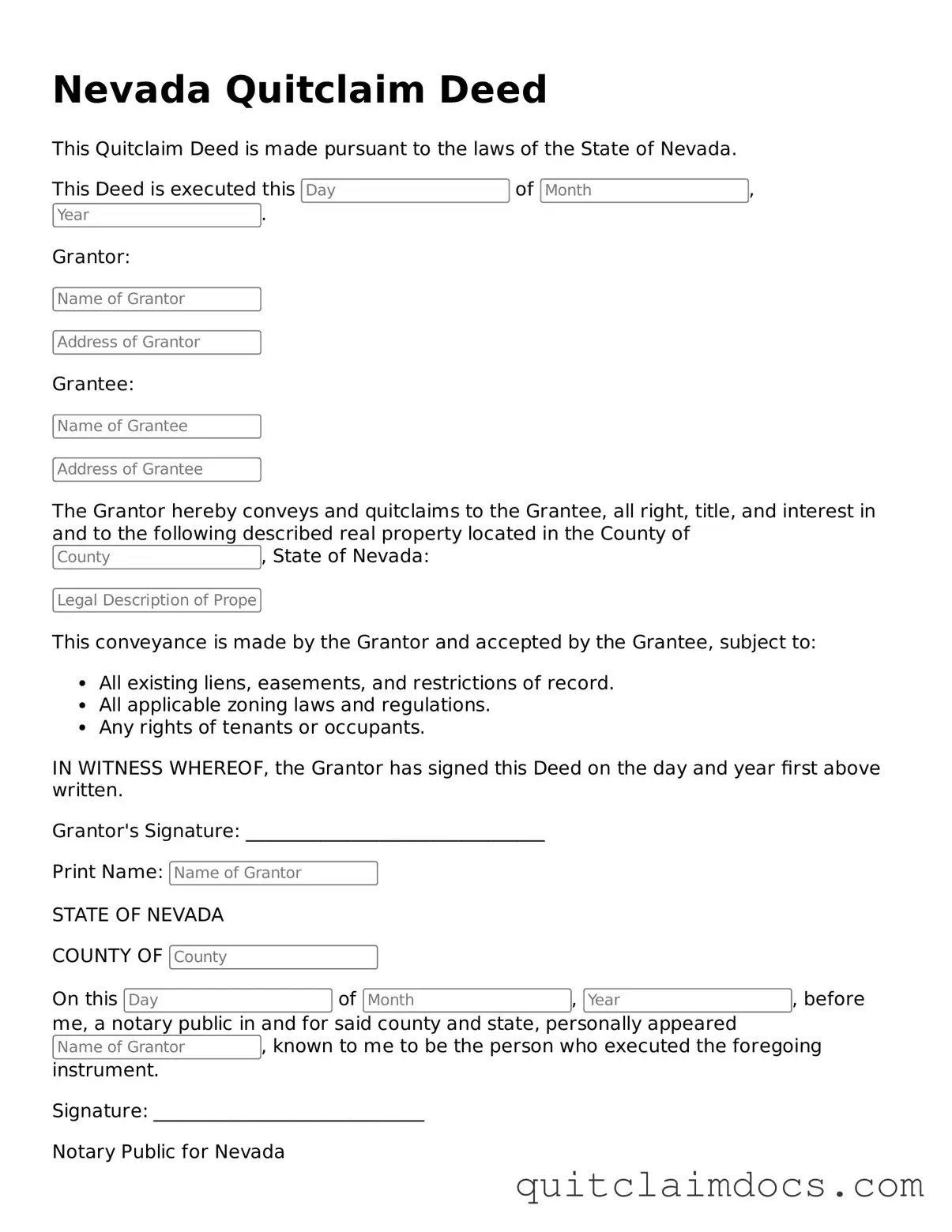 Free  Quitclaim Deed Template for Nevada