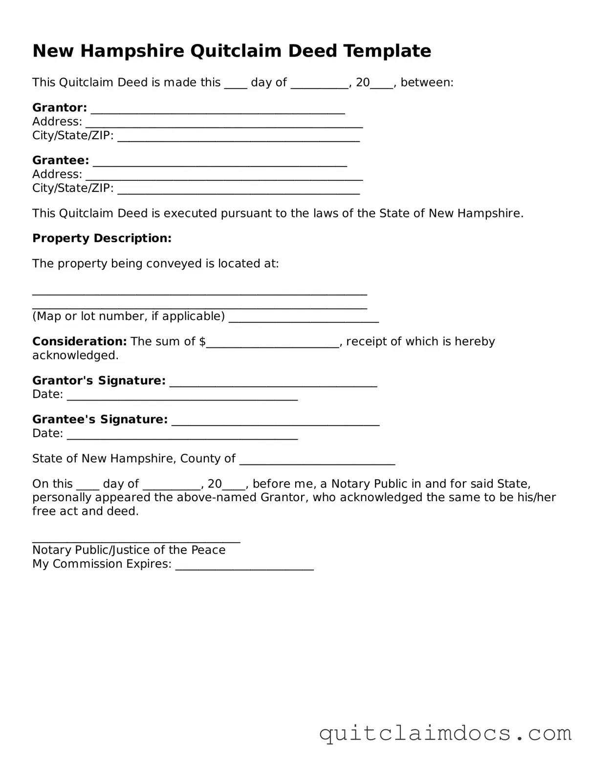Free  Quitclaim Deed Template for New Hampshire