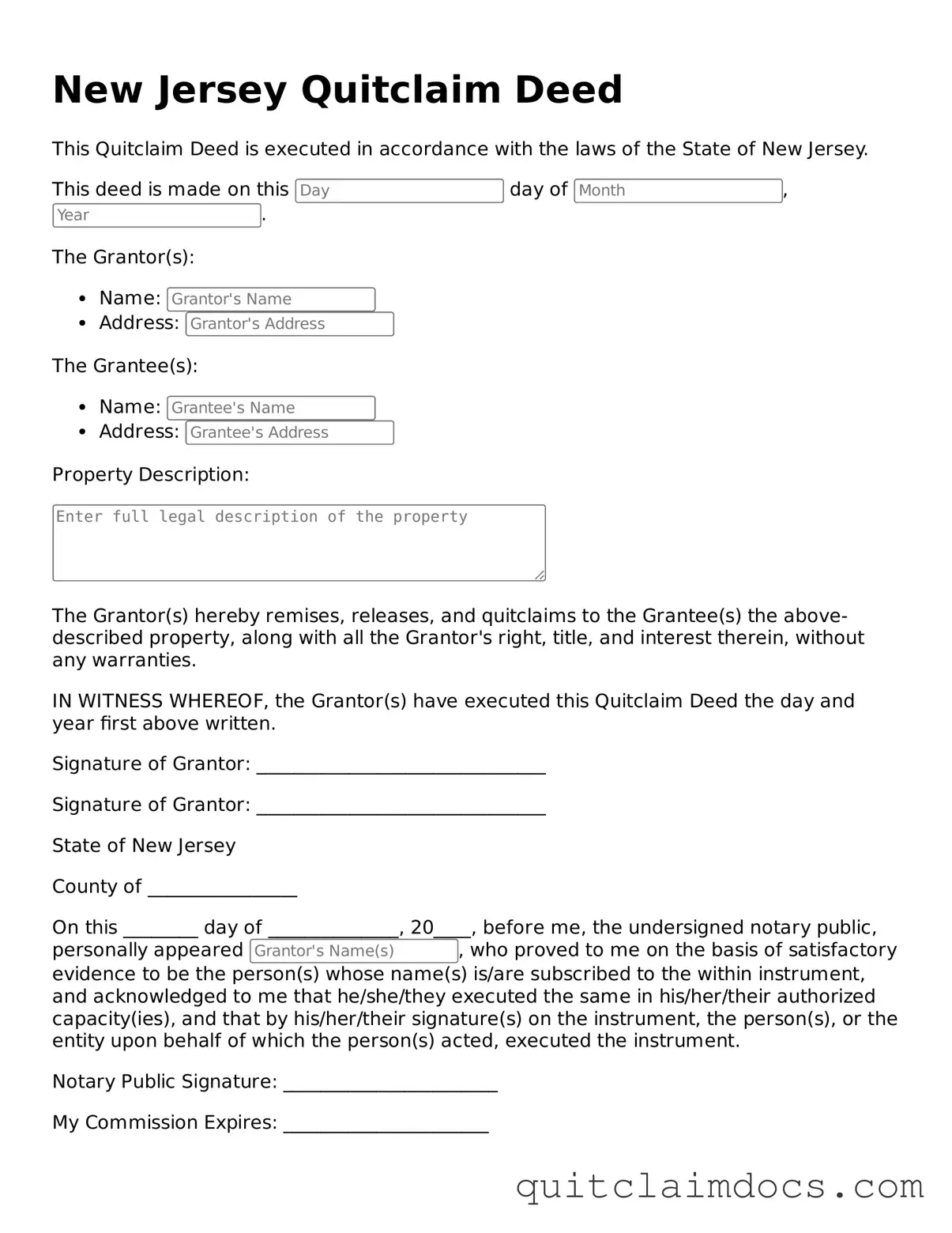 Free  Quitclaim Deed Template for New Jersey