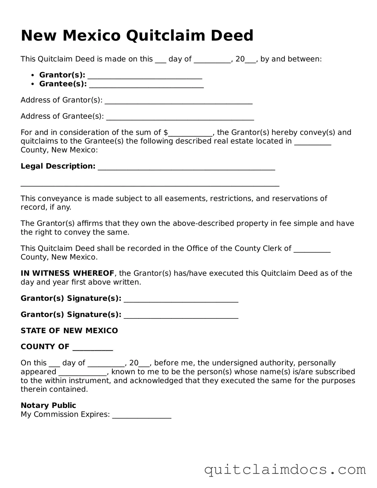 Free  Quitclaim Deed Template for New Mexico
