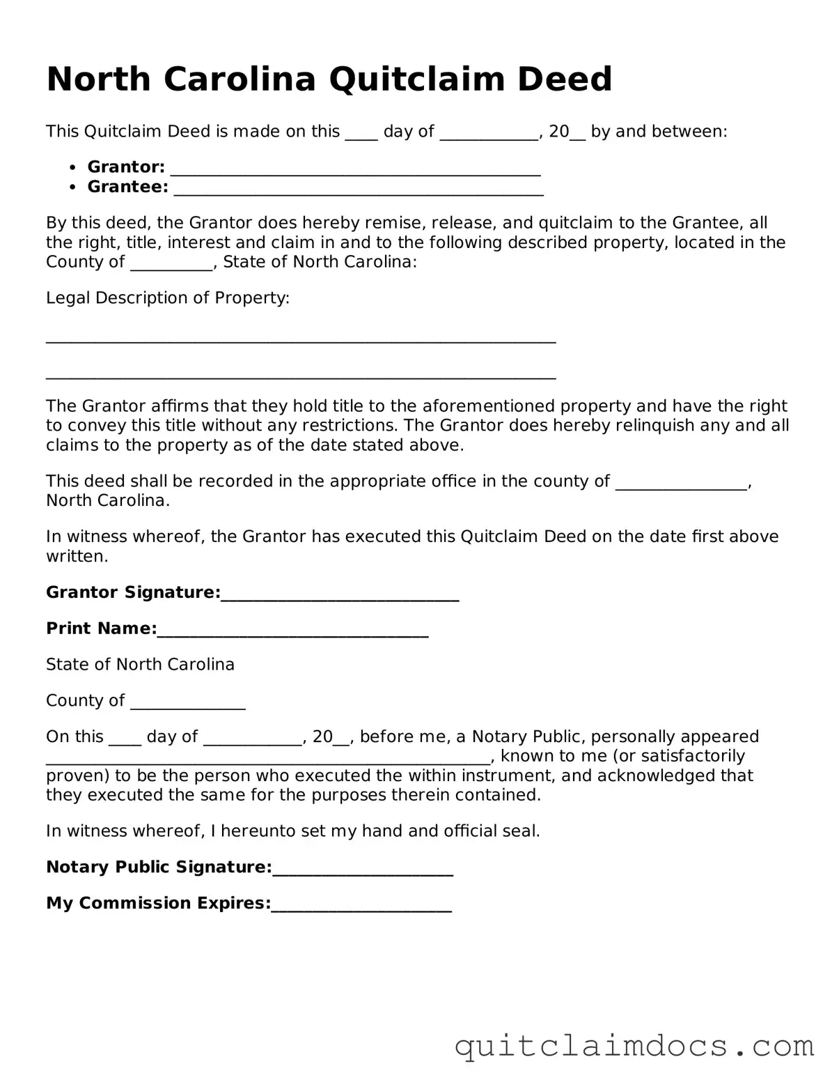 Free  Quitclaim Deed Template for North Carolina