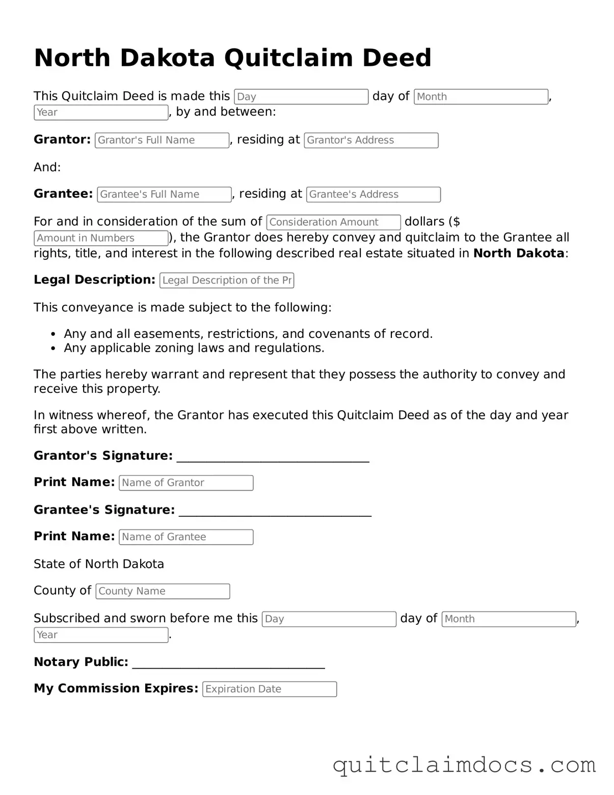 Free  Quitclaim Deed Template for North Dakota