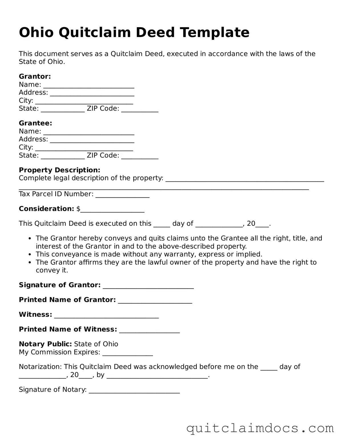 Free  Quitclaim Deed Template for Ohio