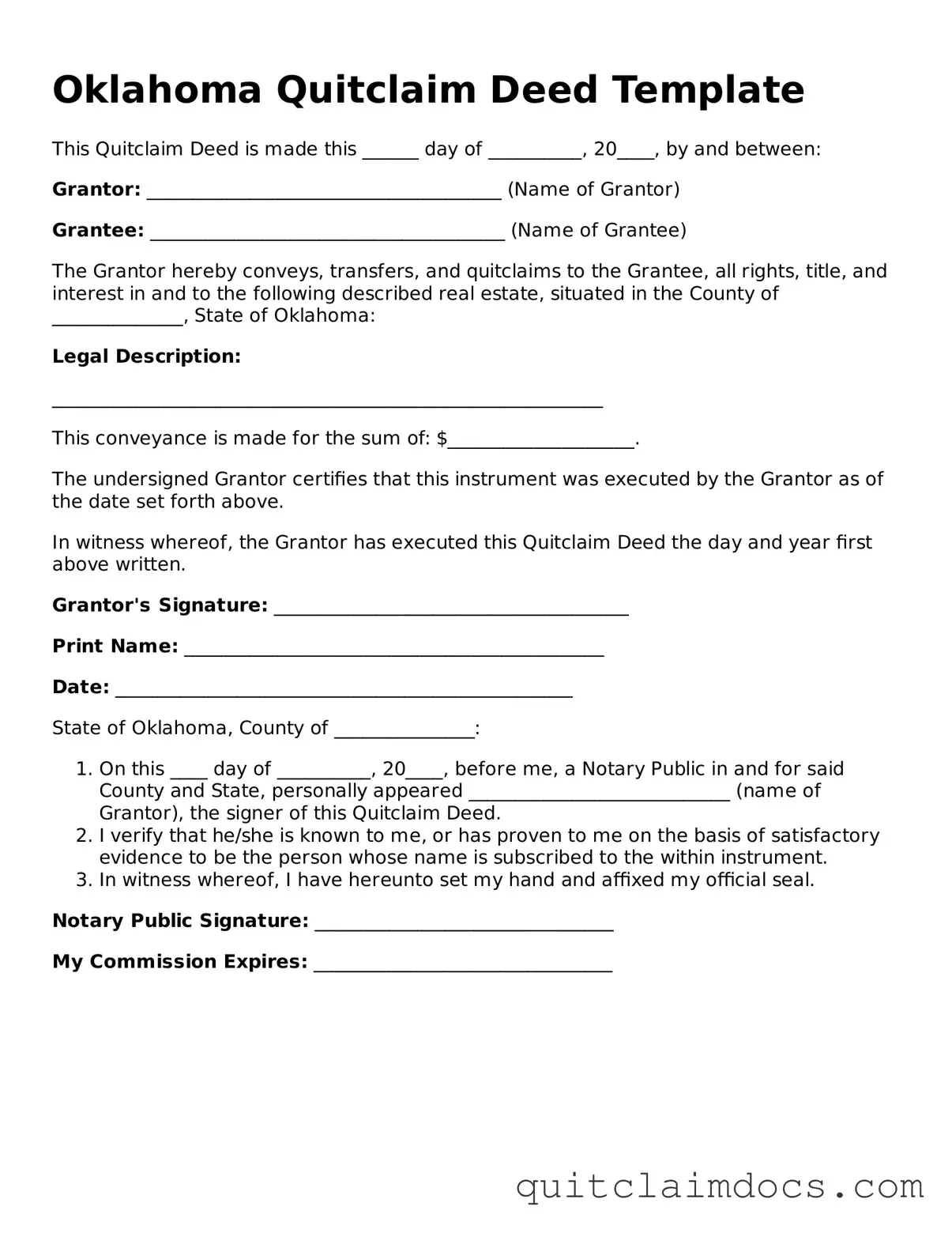 Free  Quitclaim Deed Template for Oklahoma