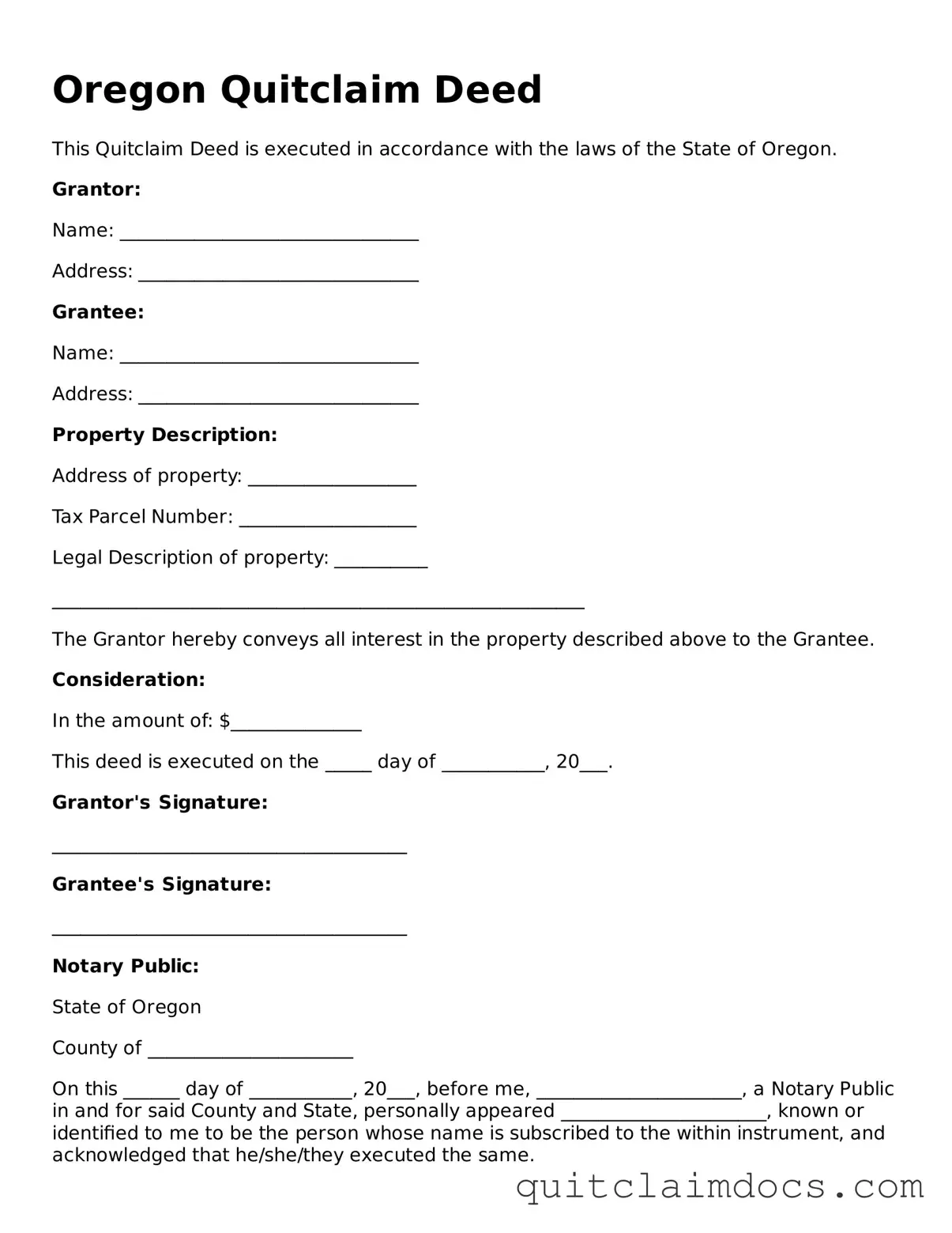 Free  Quitclaim Deed Template for Oregon