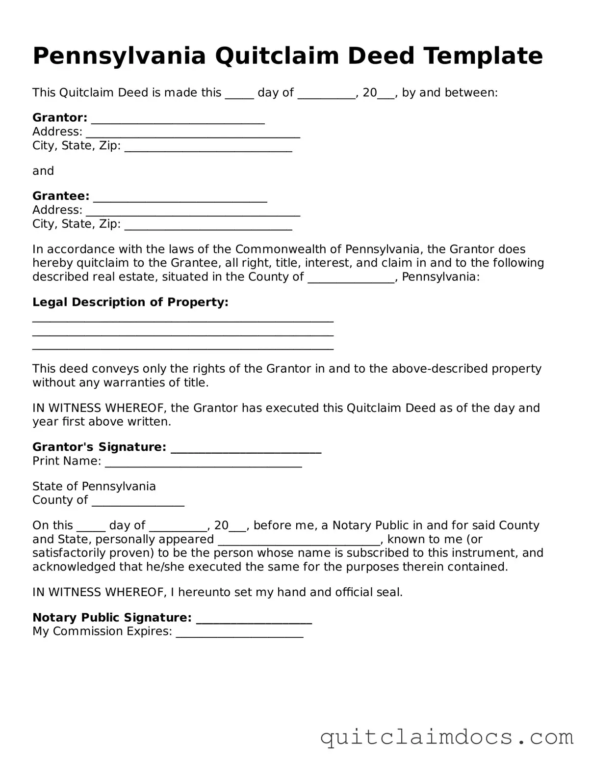 Free  Quitclaim Deed Template for Pennsylvania