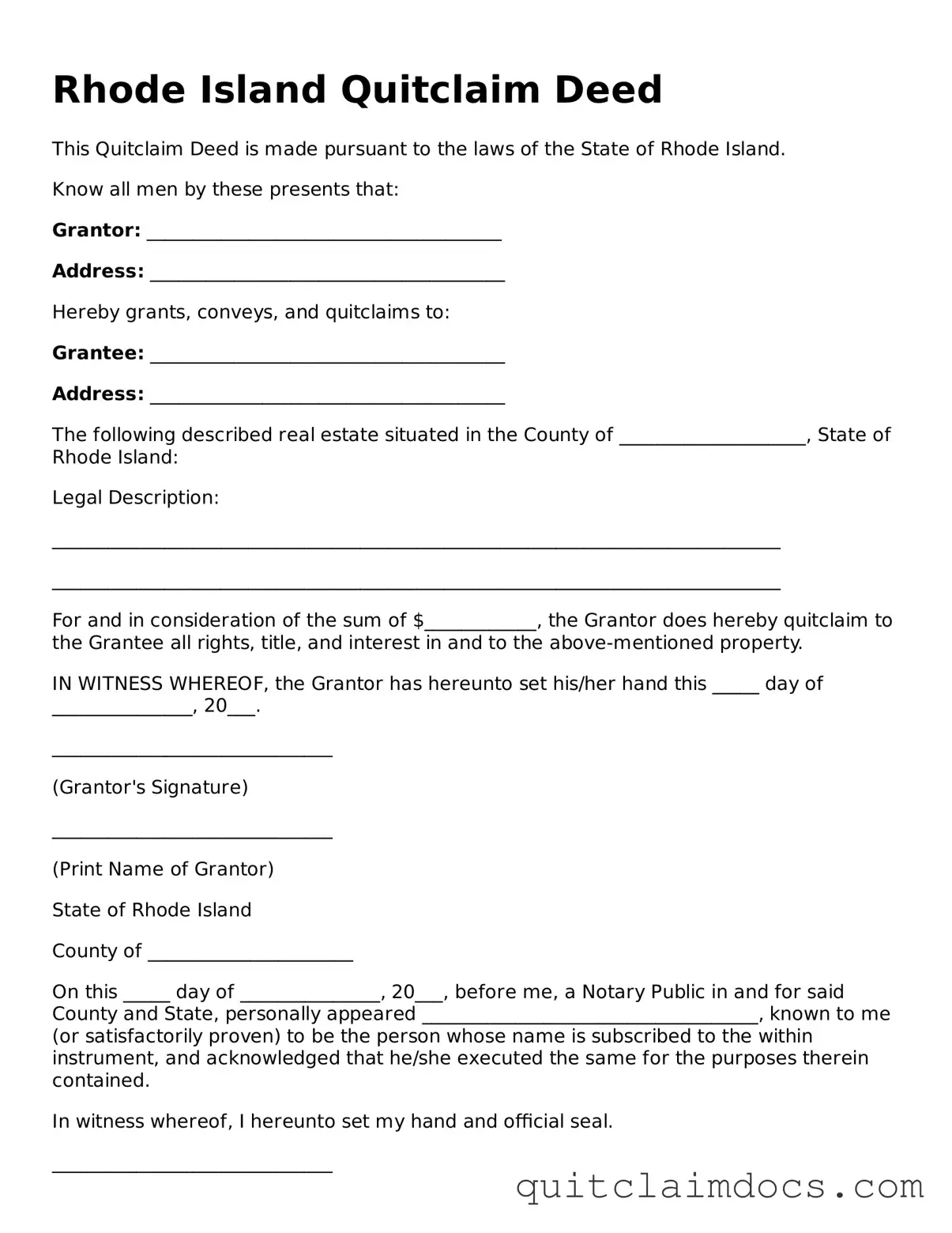 Free  Quitclaim Deed Template for Rhode Island