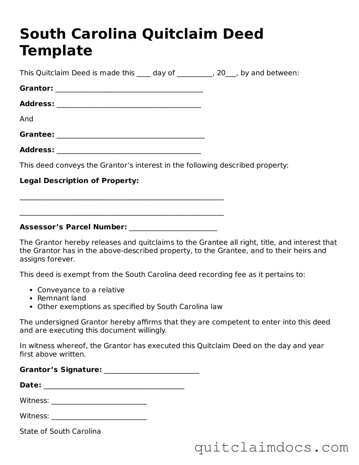 Free  Quitclaim Deed Template for South Carolina