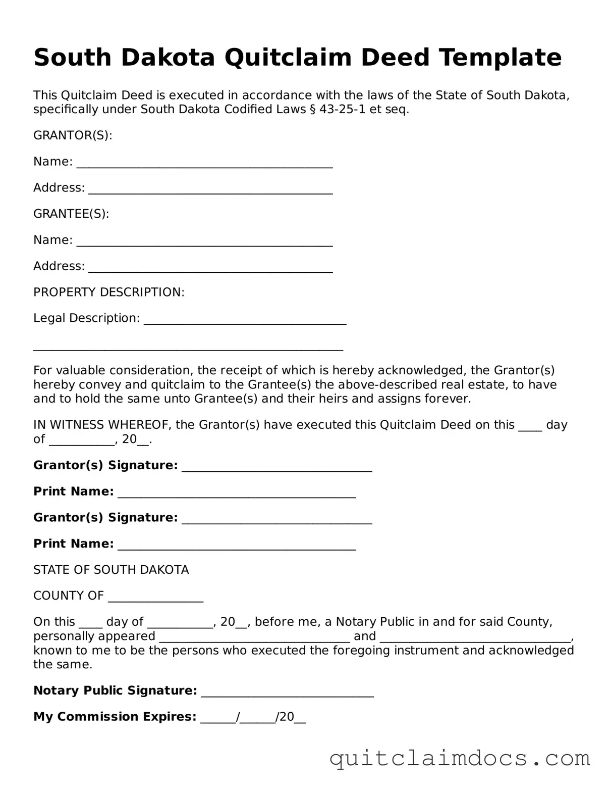 Free  Quitclaim Deed Template for South Dakota