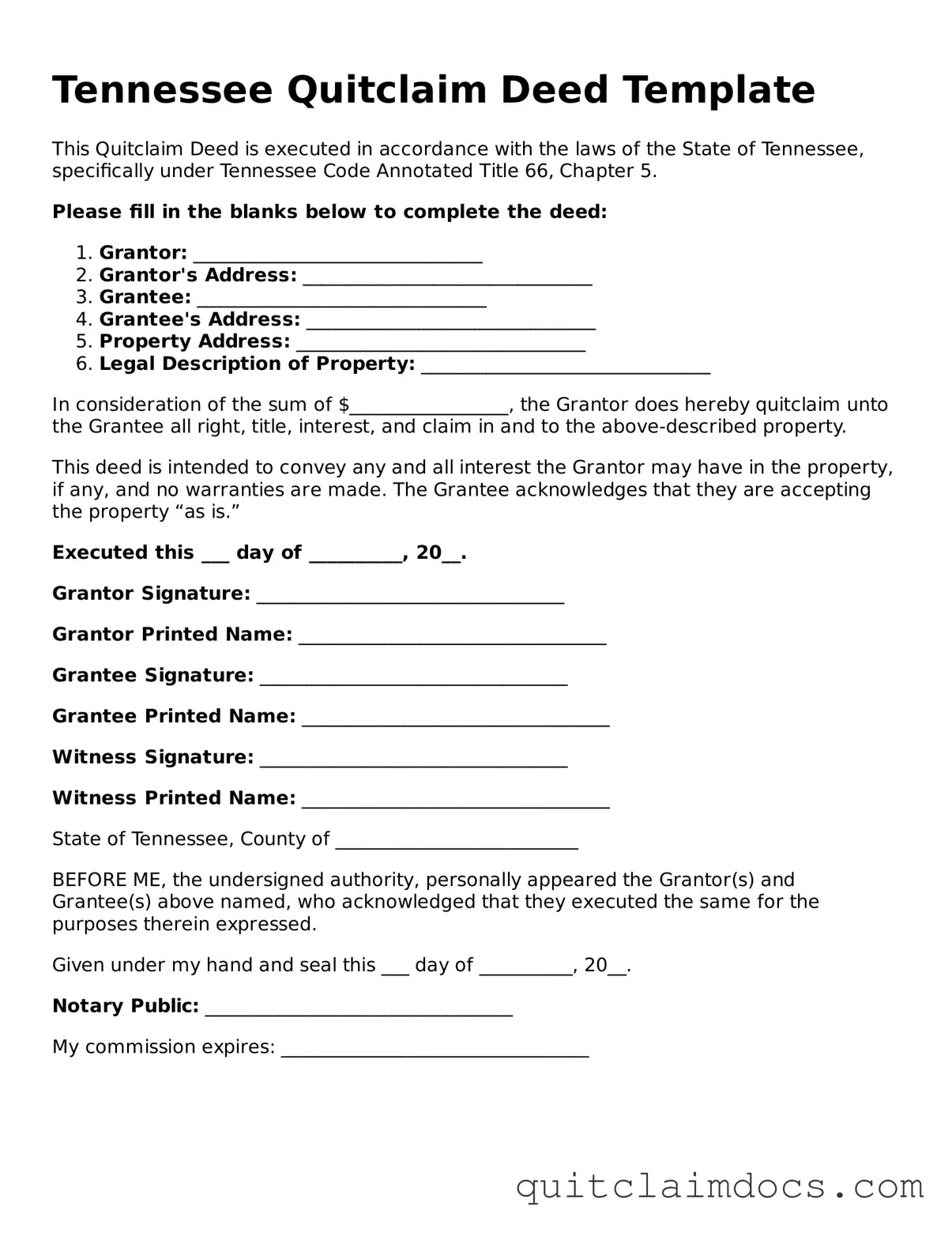 Free  Quitclaim Deed Template for Tennessee