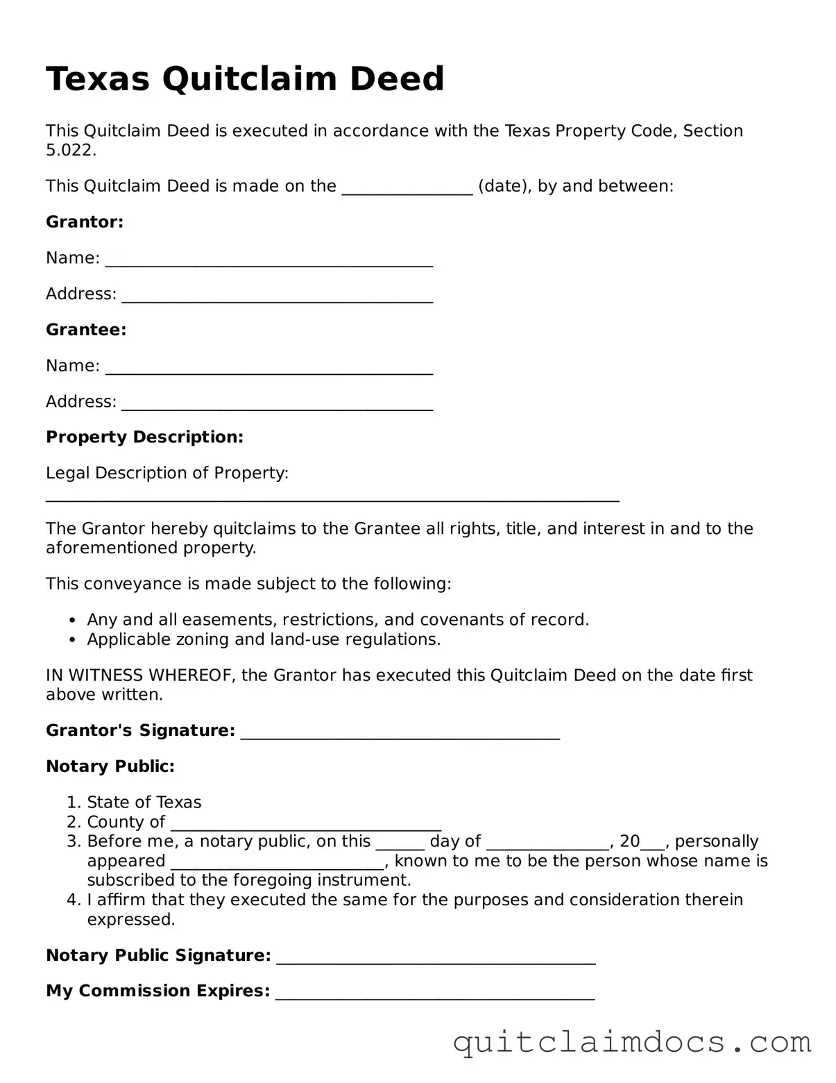 Free  Quitclaim Deed Template for Texas