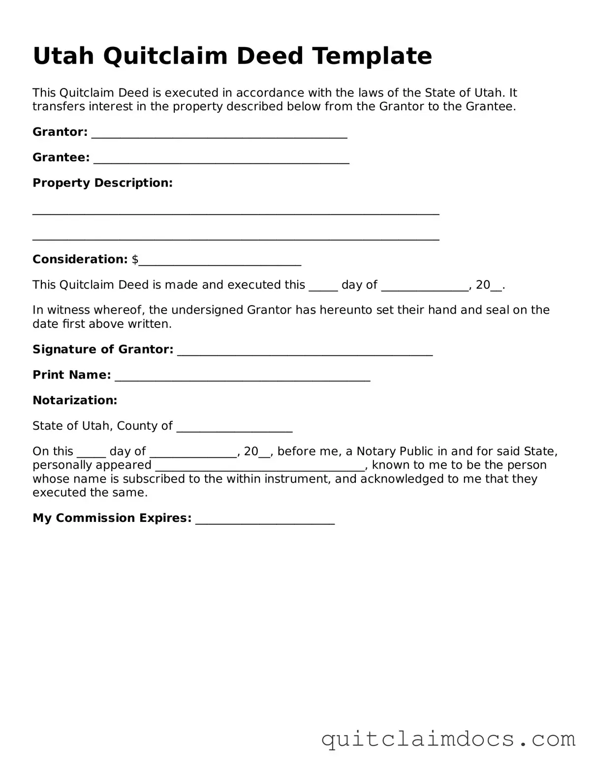 Free  Quitclaim Deed Template for Utah