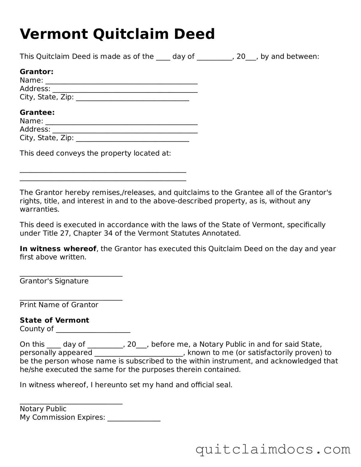 Free  Quitclaim Deed Template for Vermont