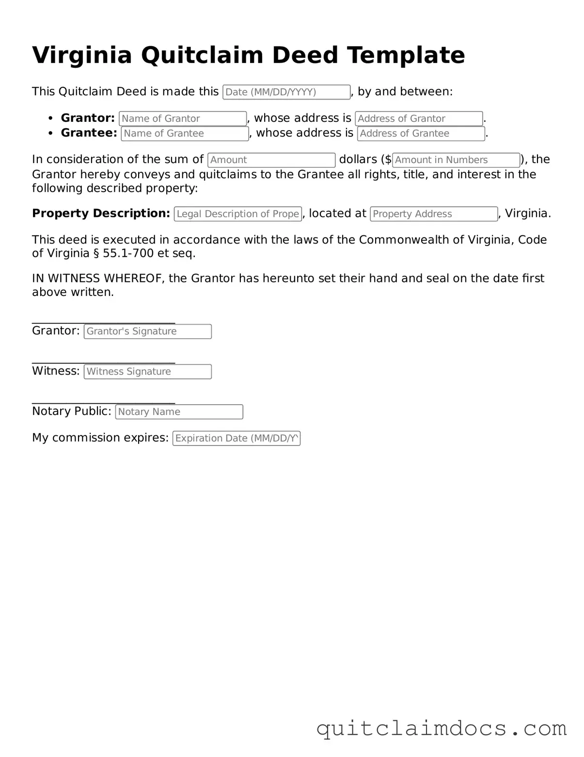 Free  Quitclaim Deed Template for Virginia