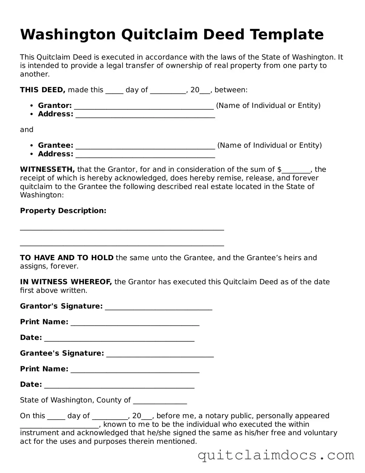 Free  Quitclaim Deed Template for Washington