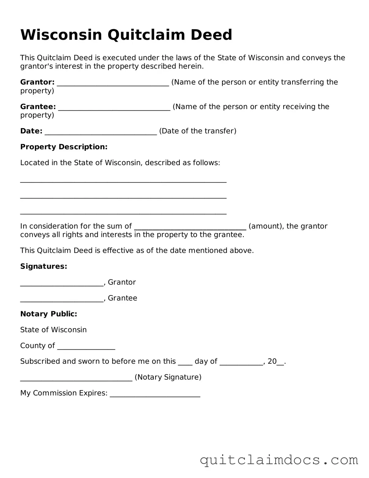 Free  Quitclaim Deed Template for Wisconsin