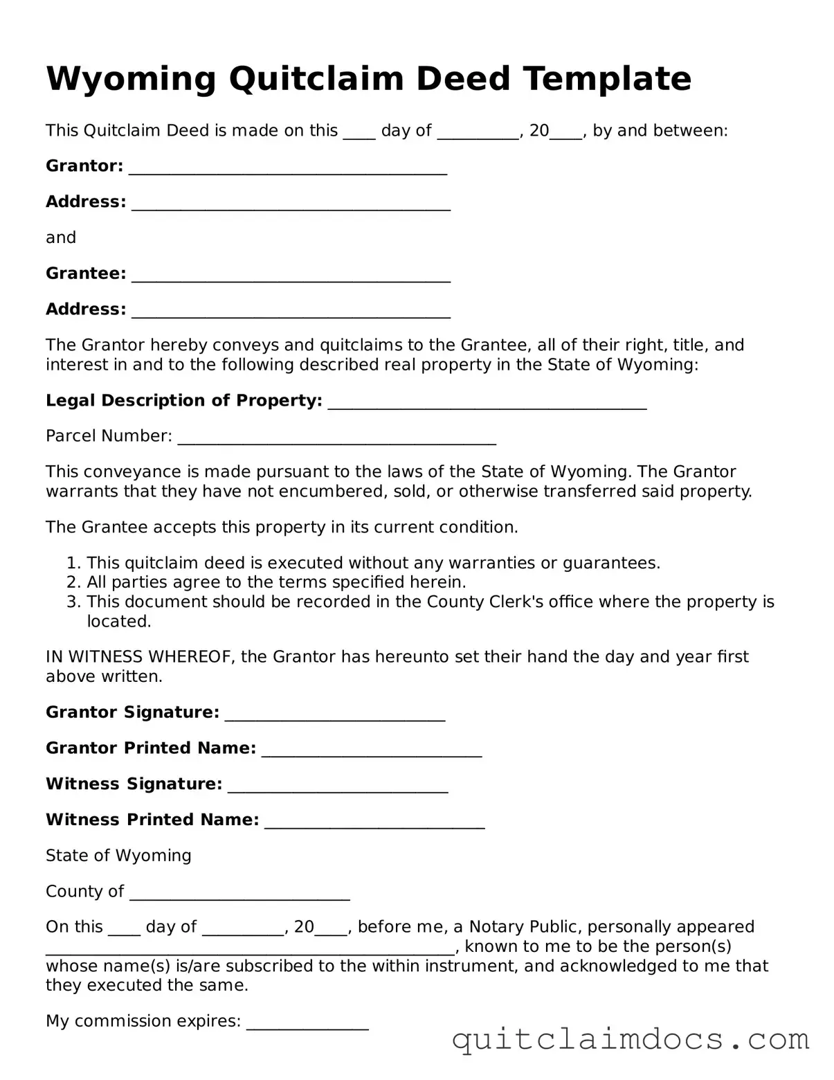 Free  Quitclaim Deed Template for Wyoming